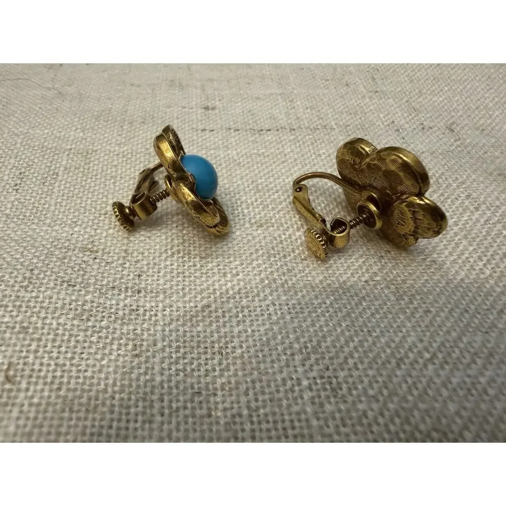 Vintage MMA Metropolitan Museum Art Turquoise Blue Cabochon Flower Clip Earrings